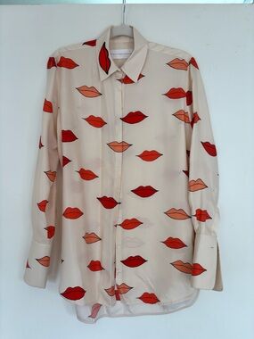 Victoria Beckham Cream Shirt with Red & Orange Lip Print size 6